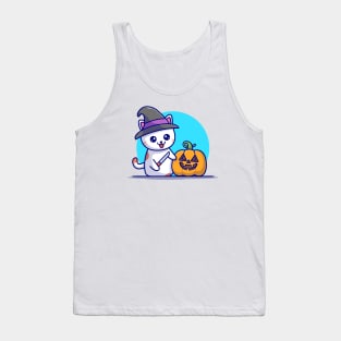 Cute Witch Cat With Pumpkin Halloween Cartoon Vector Icon Illustration Tank Top